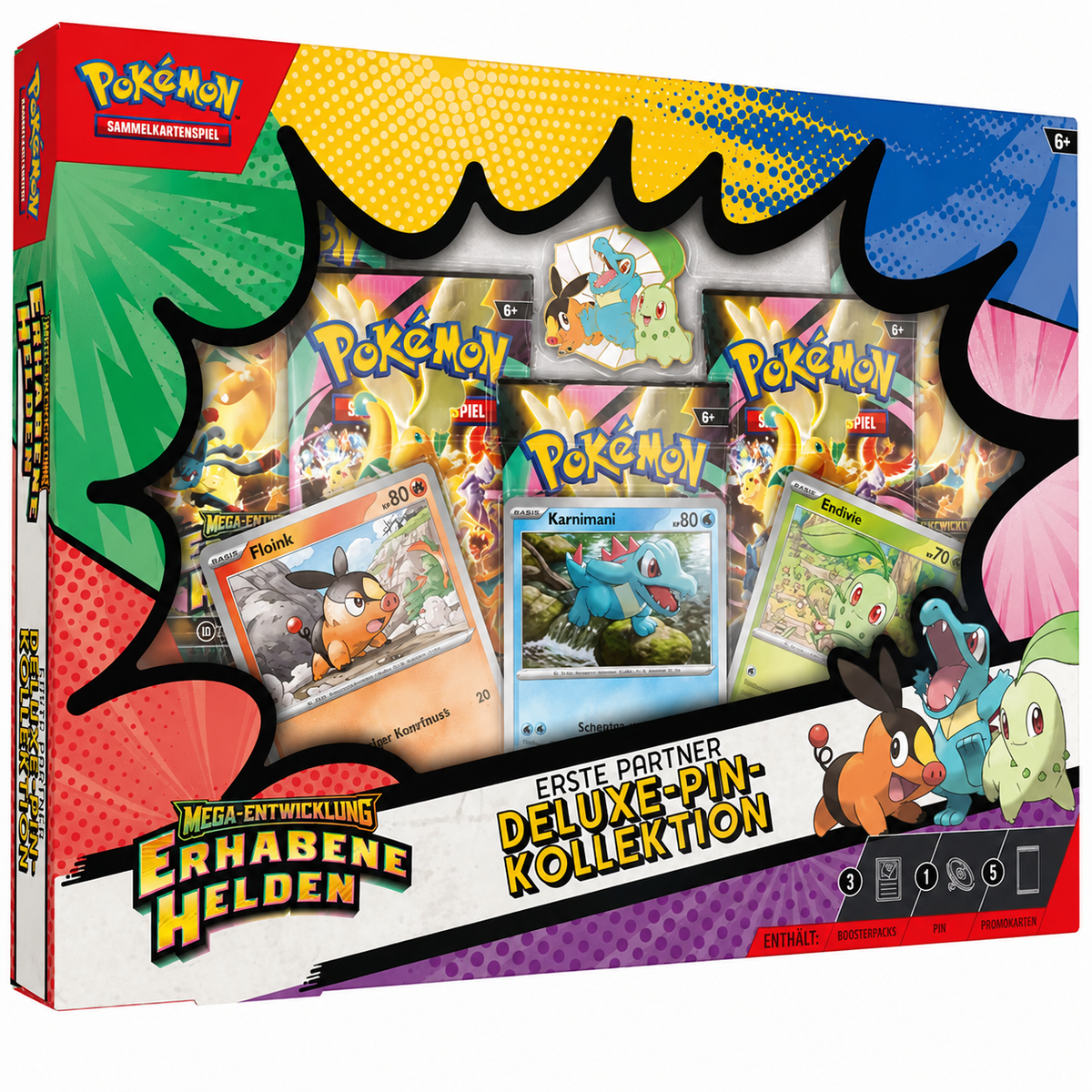 Pokémon Sammelkartenspiel Deluxe-Pin-Kollektion Mega-Entwicklung – Erhabene Helden: Erste Partner mit Endivie, Floink und Karnimani