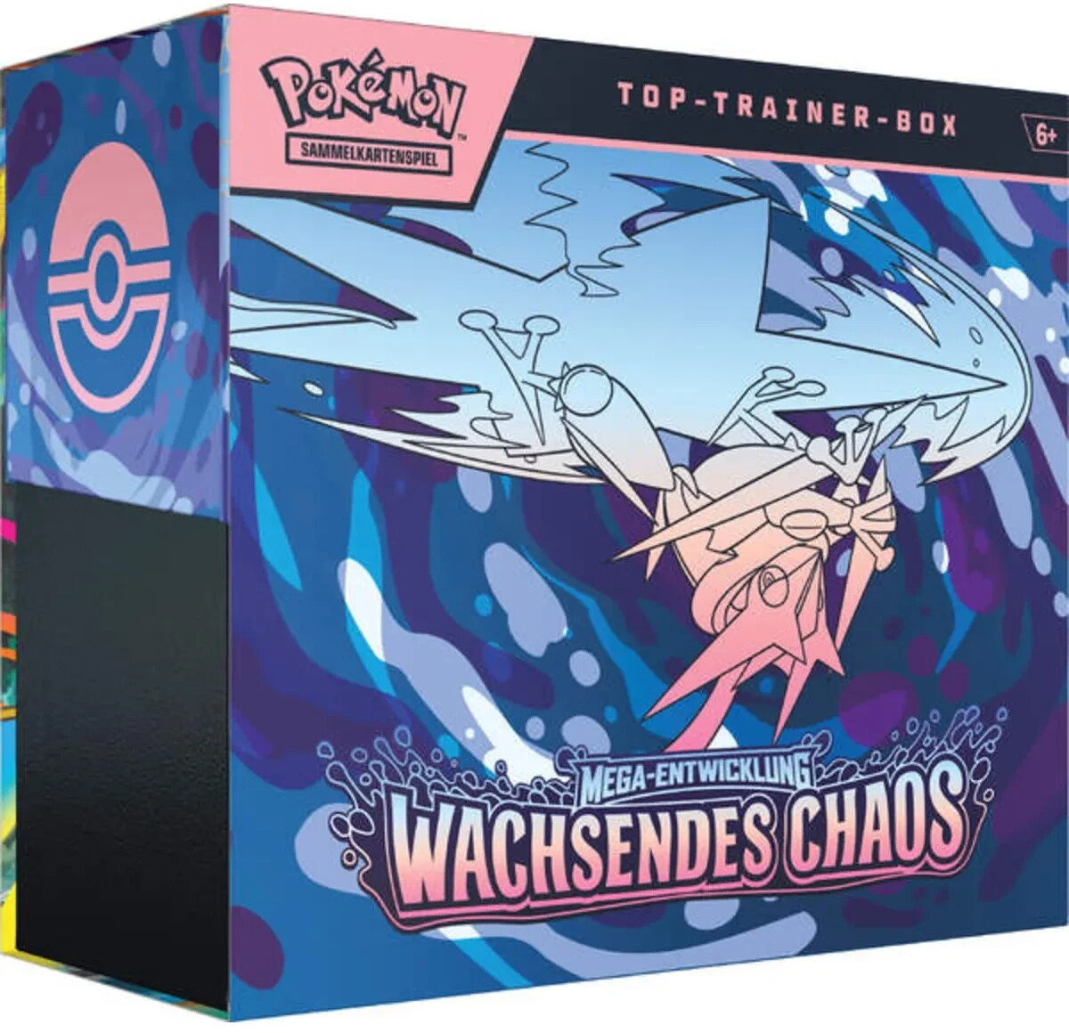 Pokémon Top-Trainer-Box Mega-Entwicklung – Wachsendes Chaos mit 9 Boosterpacks, holografischer Fynx-Promokarte, 65 Quajutsu-Kartenhüllen und Sammelbox, Pokémon-Sammelkartenspiel ab 6 Jahren
