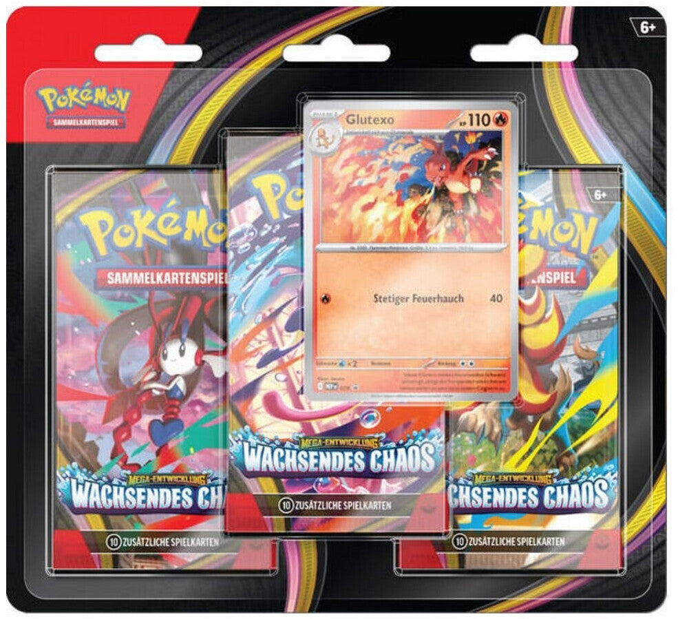 Pokémon Drei-Boosterpack-Blister Mega-Entwicklung – Wachsendes Chaos mit 3 Boosterpacks und holografischer Glutexo-Promokarte, Pokémon-Sammelkartenspiel ab 6 Jahren
